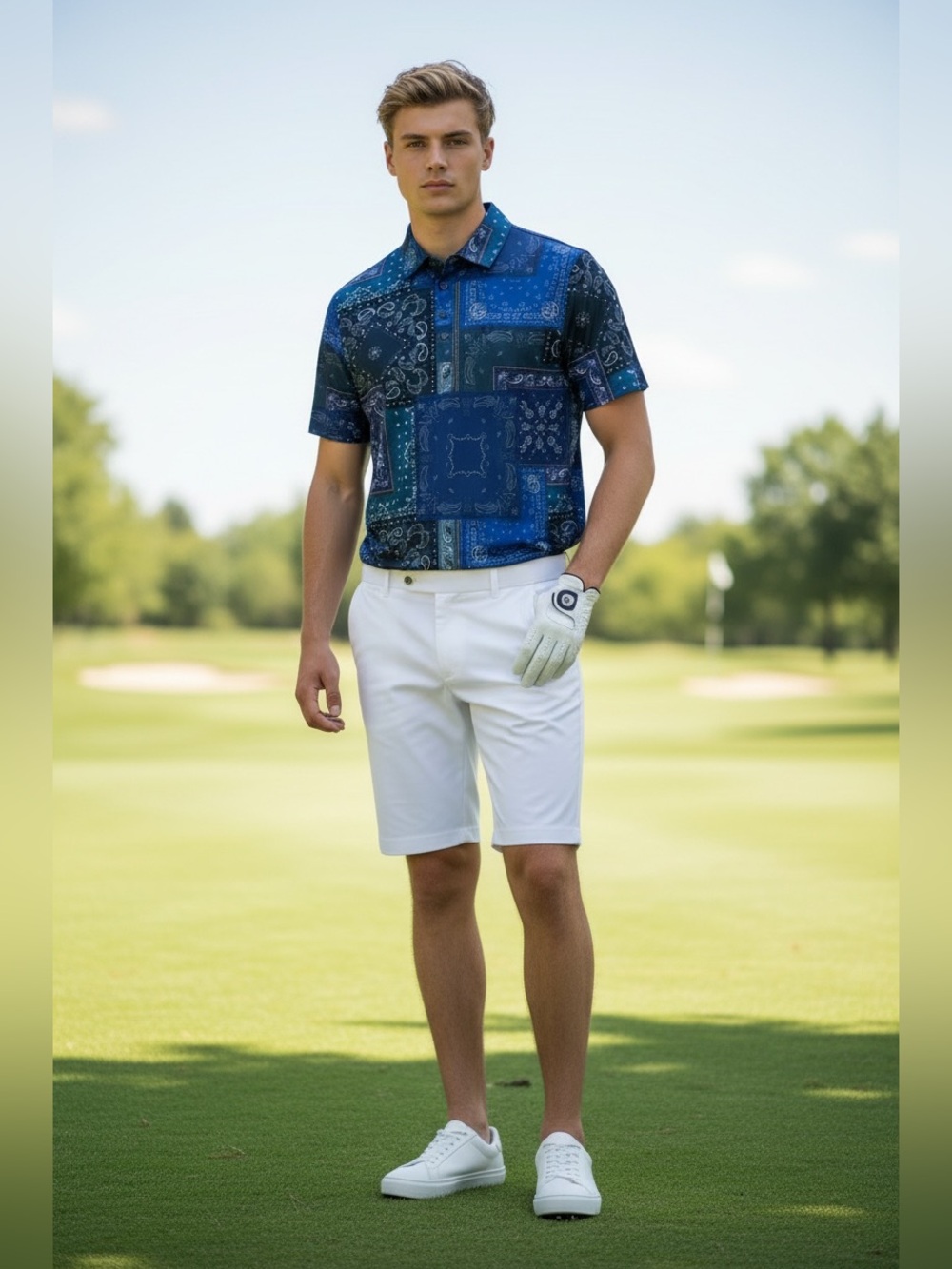 G/FORE Mens Blue Paisley Bandana Tech Pique Polo Medium NWT Golf Resort Sporty